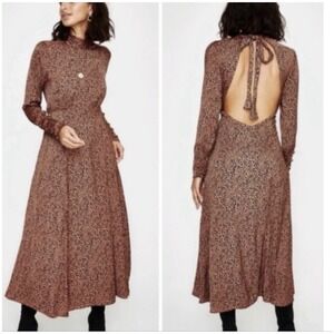 Free People Loveless Leopard Print Midi Dress EST Size 0 Brown Open Back *READ*